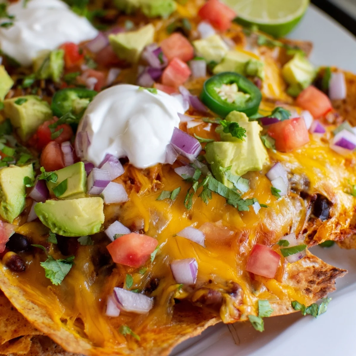 Golden bubbling baked bean nachos topped with melted cheddar, fresh avocado, and cilantro on a platter