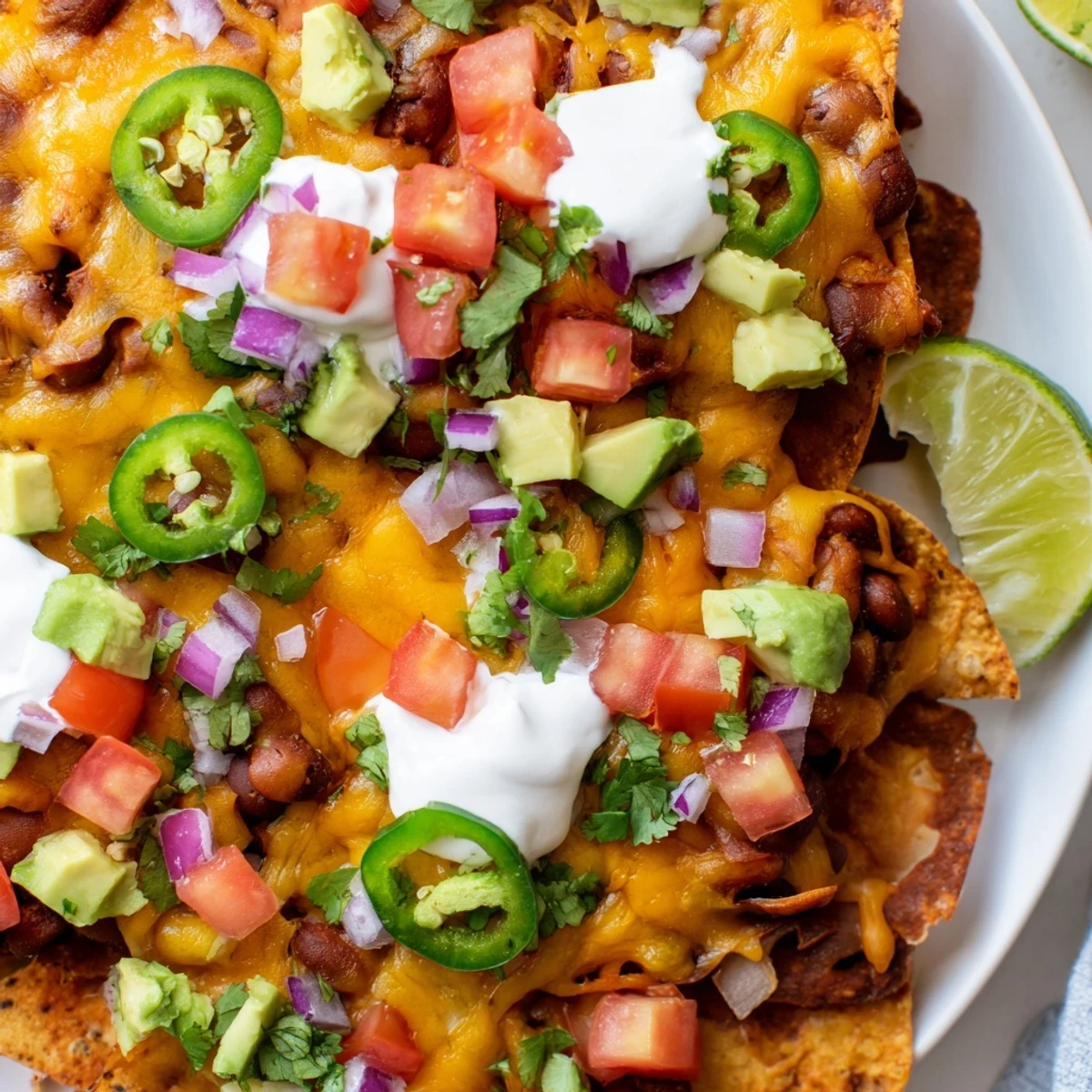 Hearty baked bean nachos piled high with Monterey Jack, red onion, jalapeño slices, and creamy avocado garnish