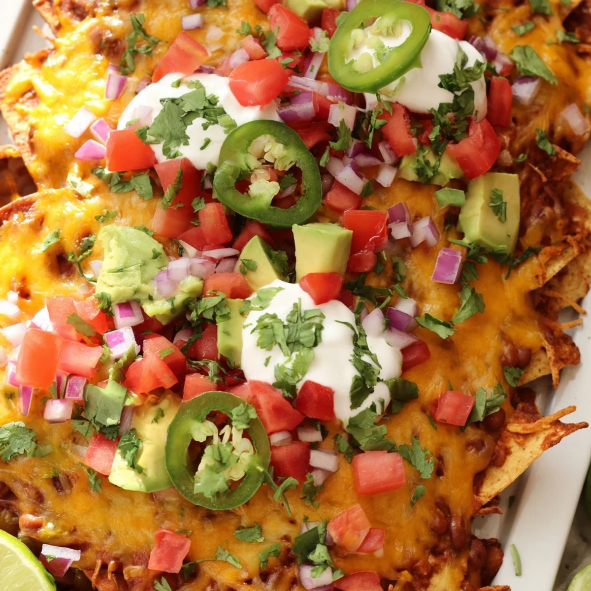 Crispy tortilla chips layered with savory baked beans and gooey cheese, finished with diced tomatoes and sour cream