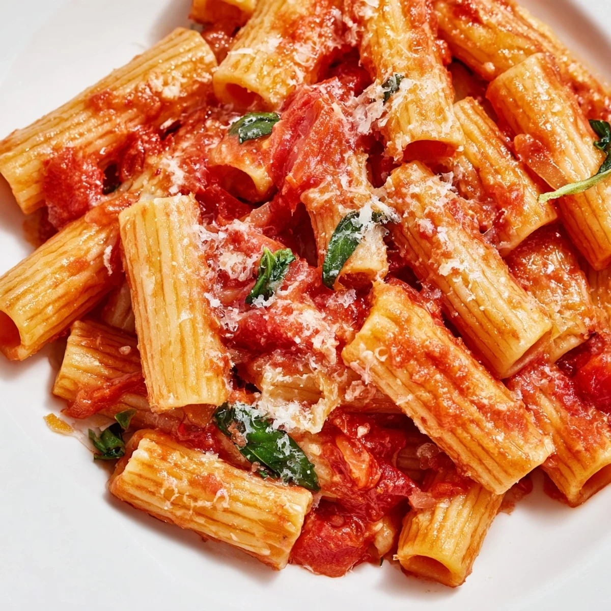 Steamy plate of penne pasta coated in rustic tomato garlic sauce with fresh basil