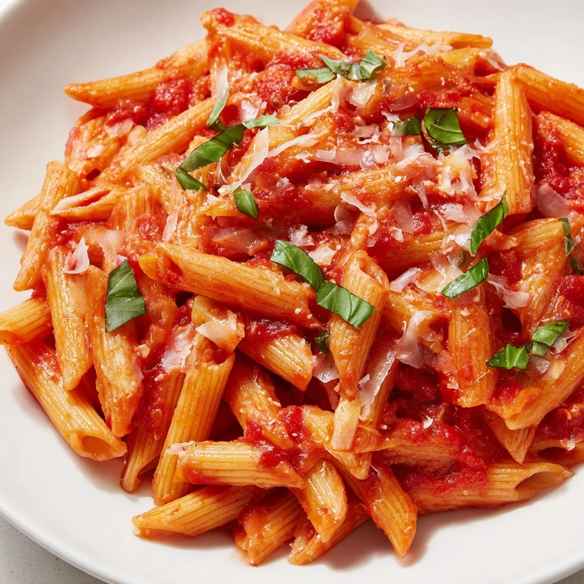 Twenty minute penne pasta dish tossed with parmesan and vibrant Italian tomato basil sauce