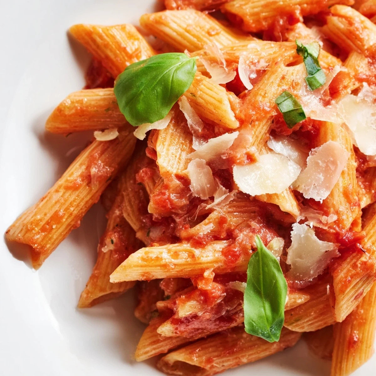 Golden penne pasta swimming in savory red tomato sauce with melted grated parmesan cheese