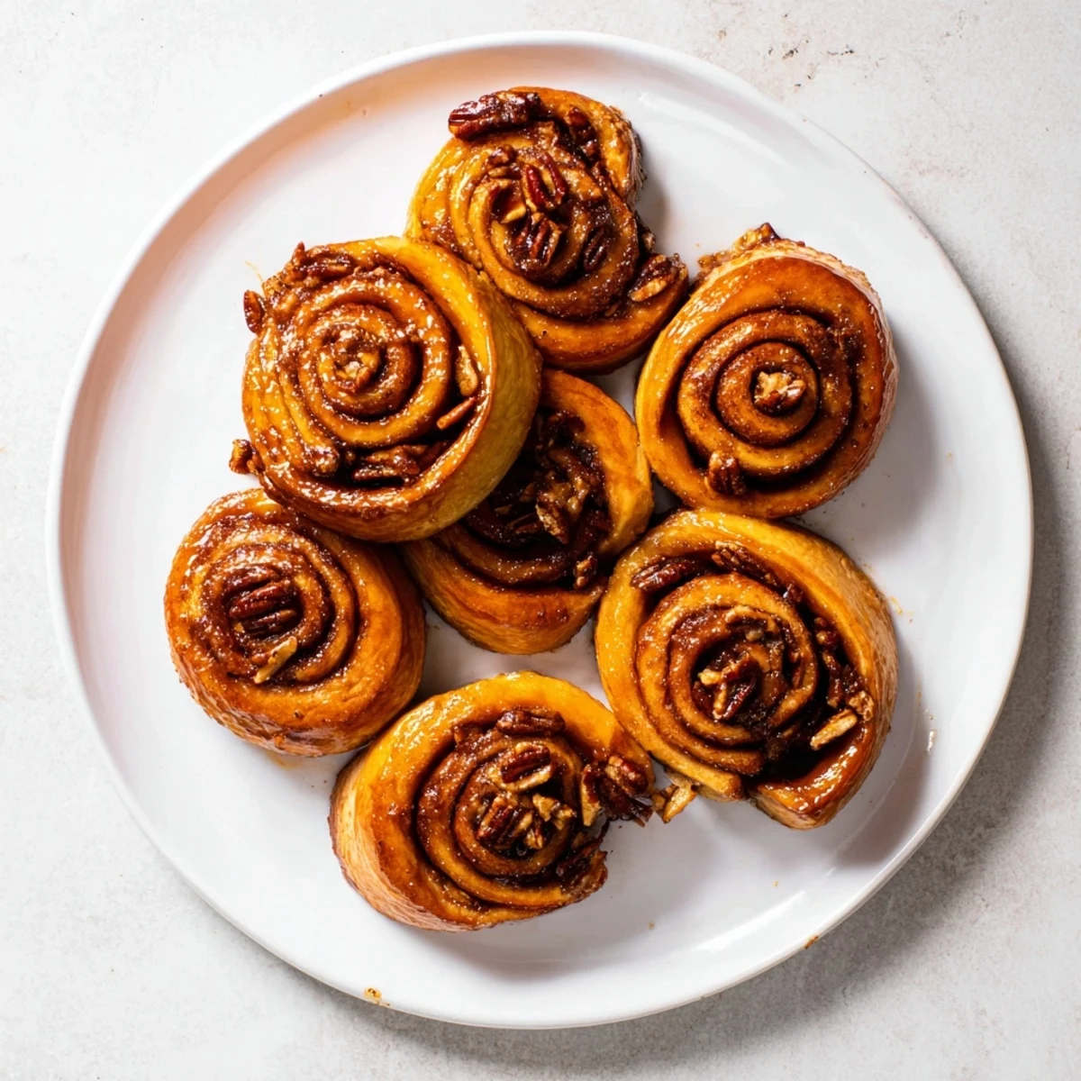 Golden Vietnamese cinnamon date sticky buns drizzled with warm caramel glaze on a white plate