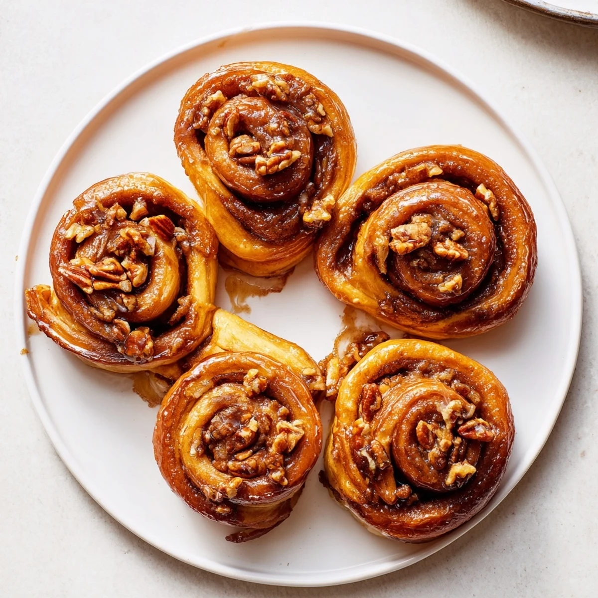 Freshly baked Vietnamese cinnamon date sticky buns inverted to reveal their sweet sticky caramel coating