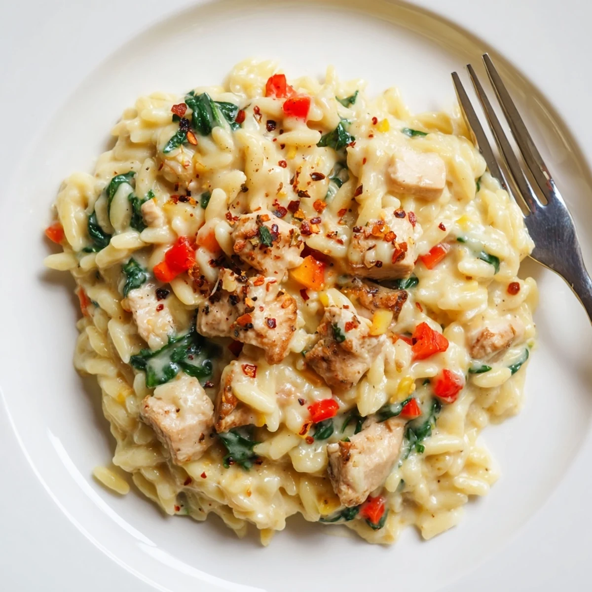 Golden chicken and tender orzo pasta simmered in a rich cheesy sauce with colorful vegetables