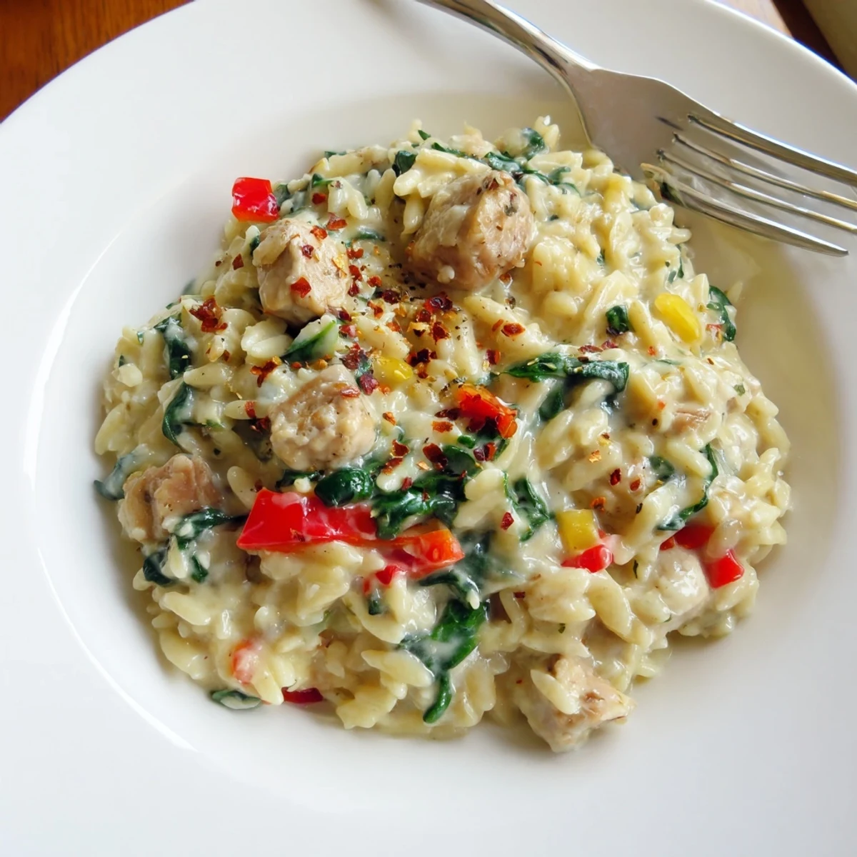 Savory chicken risoni recipe with bubbling melted cheese garnished with grated Parmesan and red pepper flakes