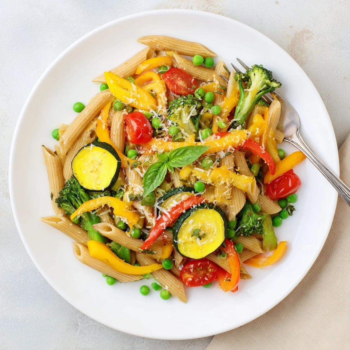 Colorful pasta primavera featuring crisp bell peppers zucchini broccoli in a light lemon parmesan sauce