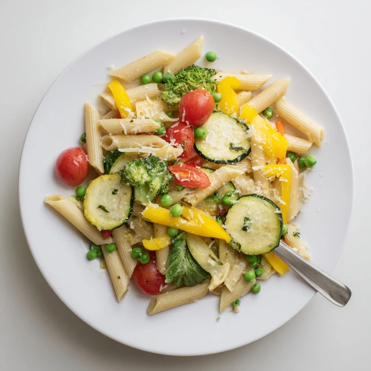 Hearty bowl of pasta primavera tossed with vibrant spring vegetables and fresh herbs