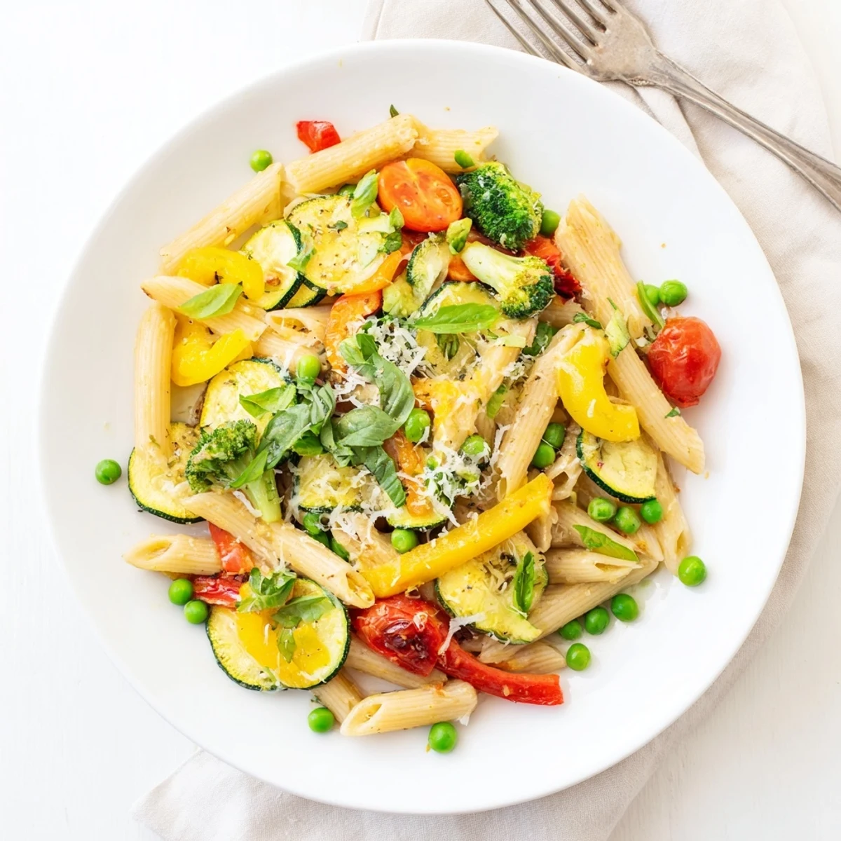 Al dente pasta primavera piled high with tender carrots squash and juicy cherry tomatoes