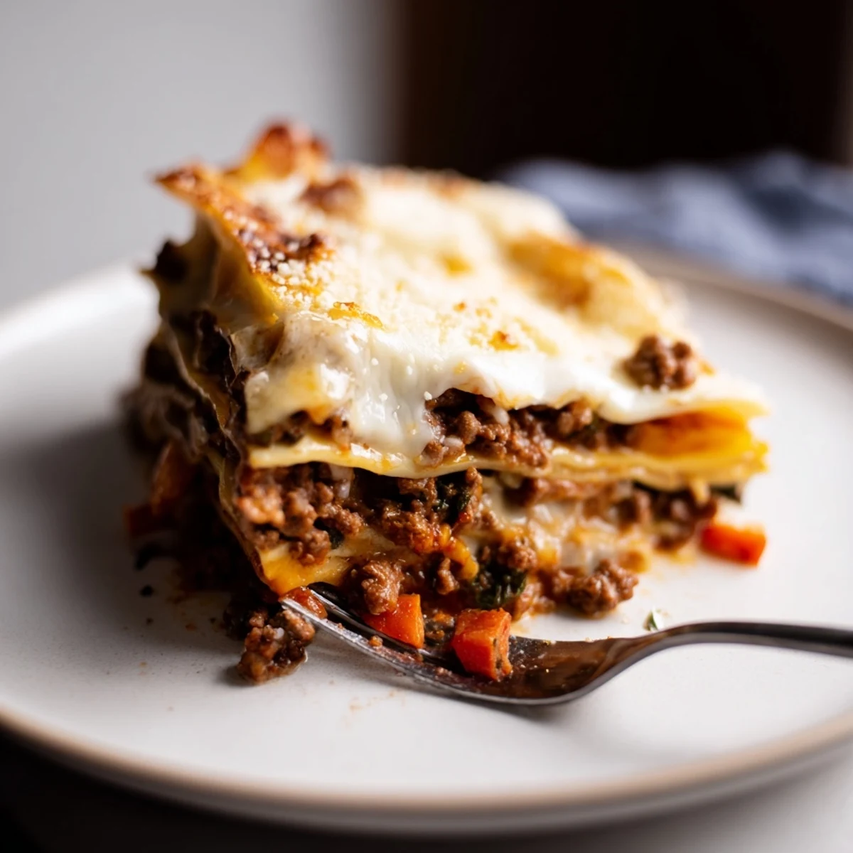 Golden bubbly classic beef lasagne fresh from the oven with melted cheese topping