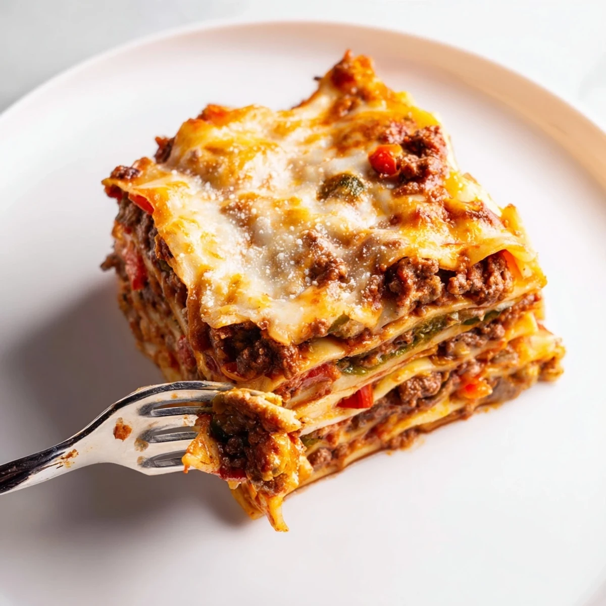 Steaming square of classic beef lasagne garnished with fresh basil on white plate