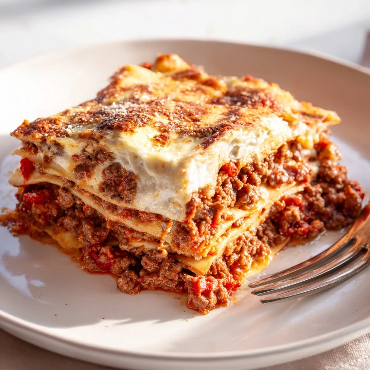 Layered classic beef lasagne sliced showing rich ragu and creamy white sauce