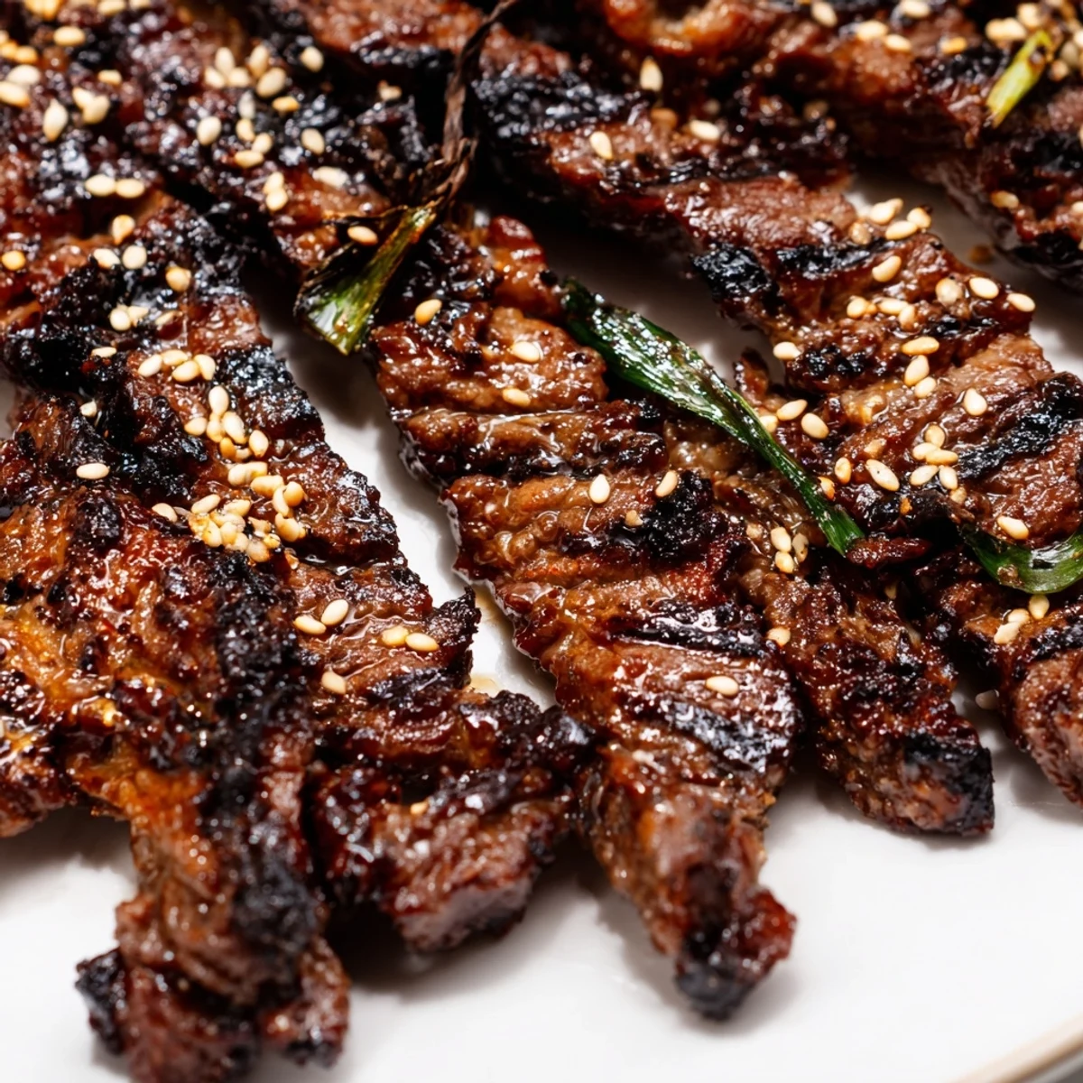 Sizzling Korean Galbi grilled ribs with caramelized char marks and sesame seed garnish on a white plate