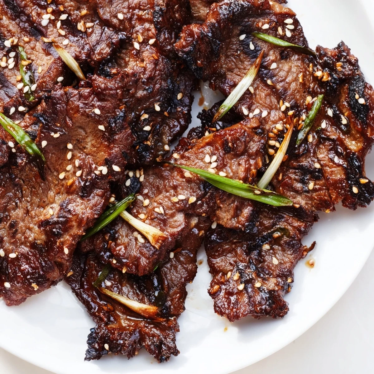 Marinated flanken-style Korean Galbi ribs arranged on a platter with scallions, showing perfect grill marks and juicy texture