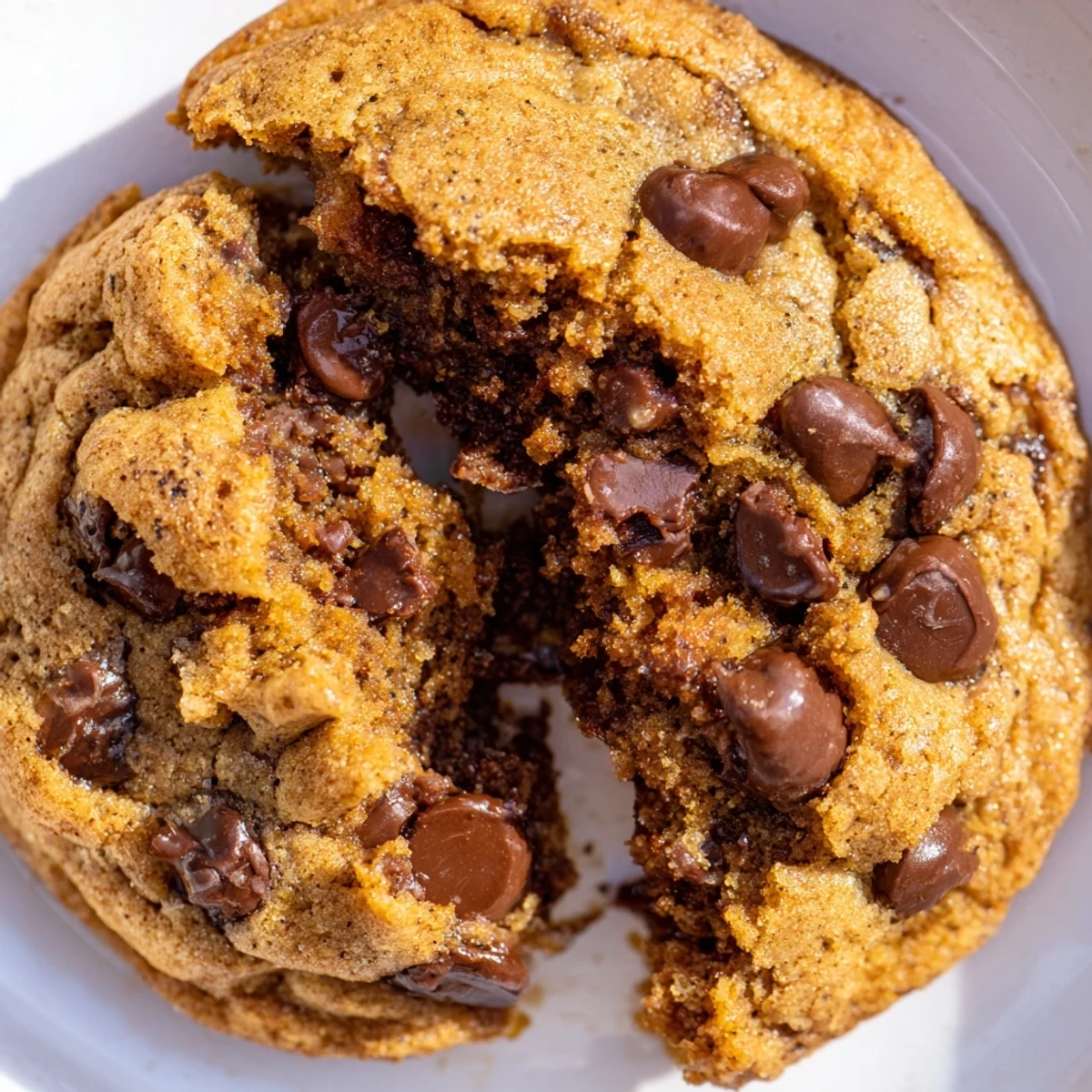Soft pumpkin spice chocolate chip cookies with golden edges and melty chocolate chunks on a wooden board