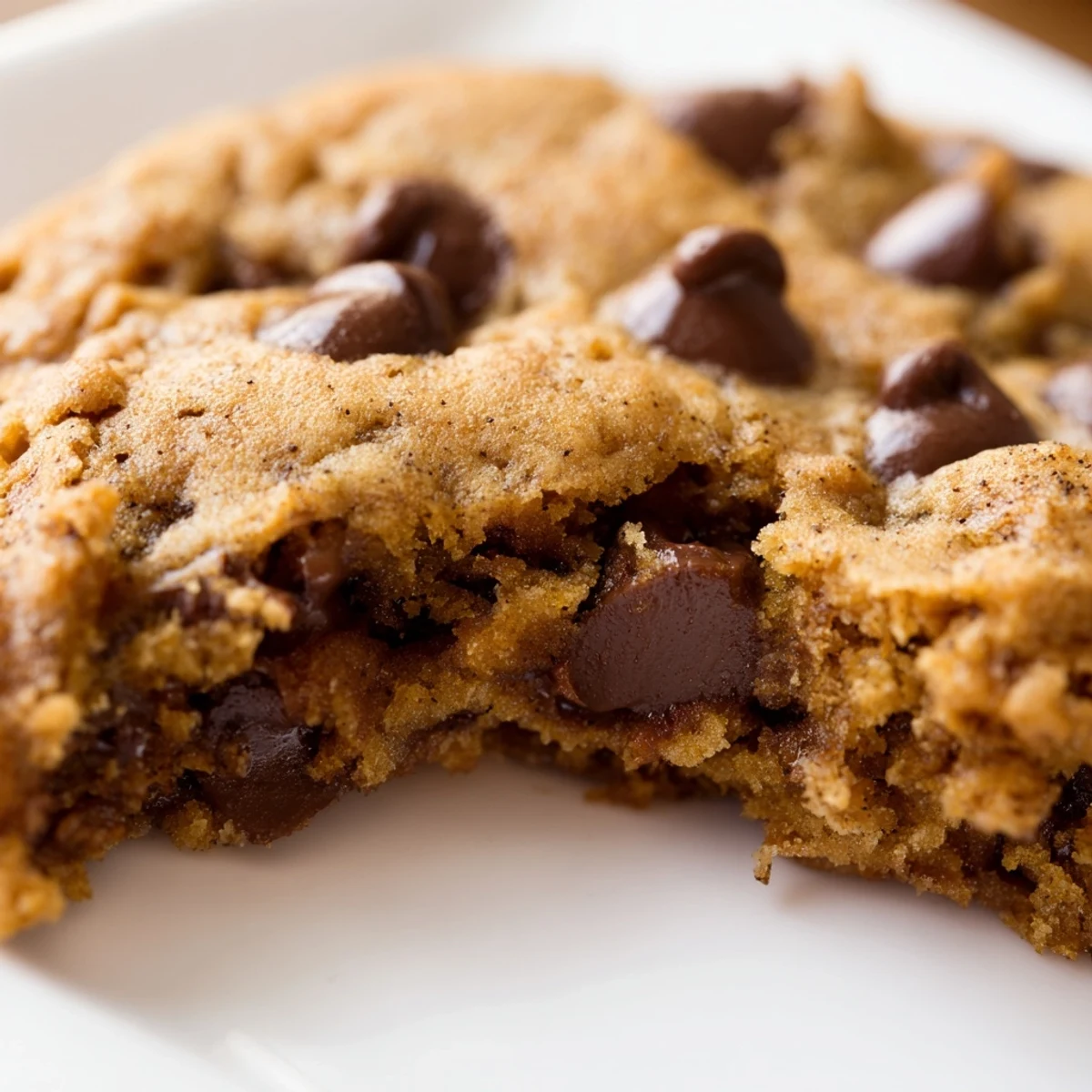 Freshly baked pumpkin spice chocolate chip cookies stacked high with visible cinnamon specks and gooey centers