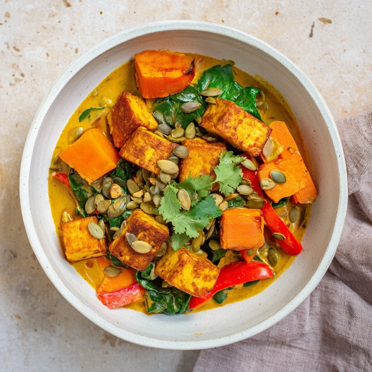 Golden pumpkin cubes and crispy tofu swimming in rich coconut curry sauce