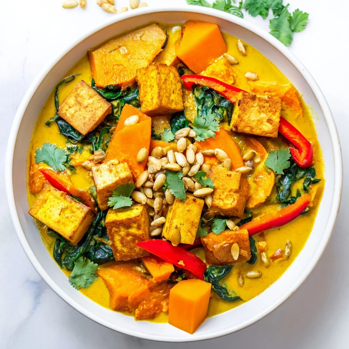 Creamy vegetarian pumpkin tofu curry garnished with fresh cilantro over steaming white rice