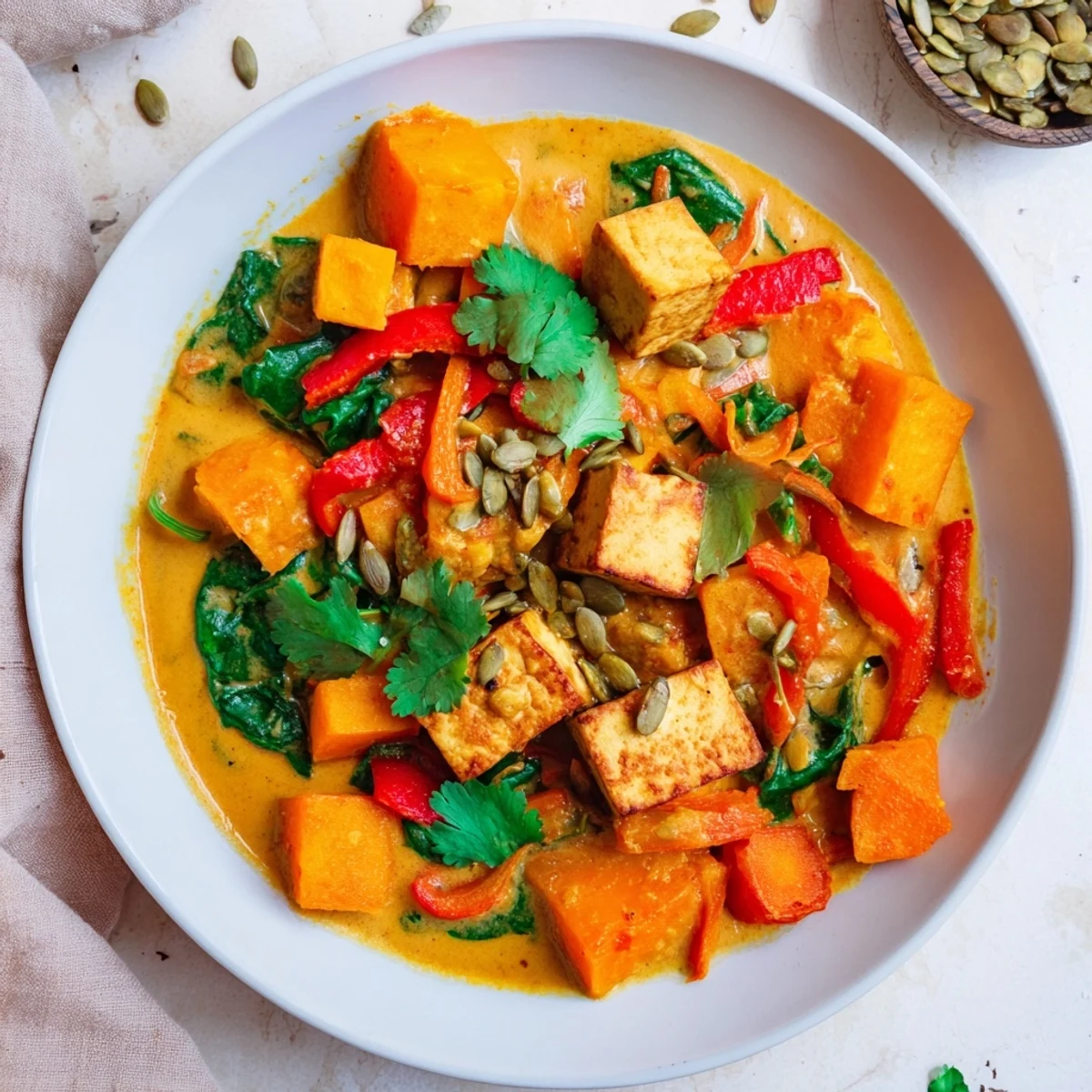Hearty bowl of Indian-inspired pumpkin tofu curry featuring tender vegetables and fragrant spices