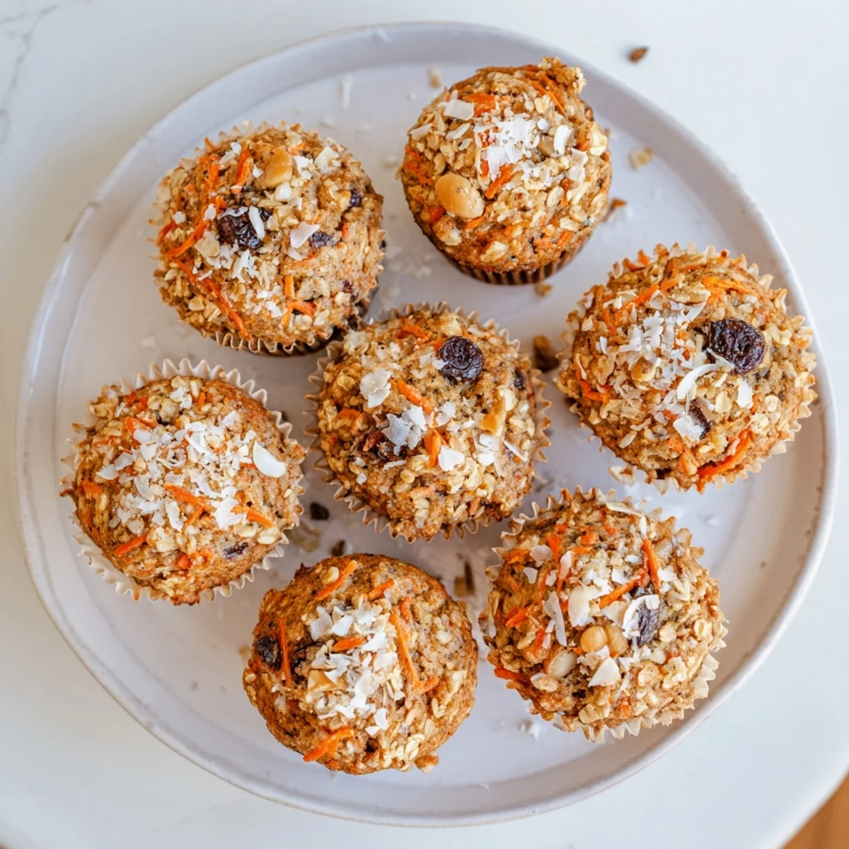 Golden brown Morning Glory muffins topped with shredded carrots, chopped walnuts, and plump raisins on a rustic wooden board