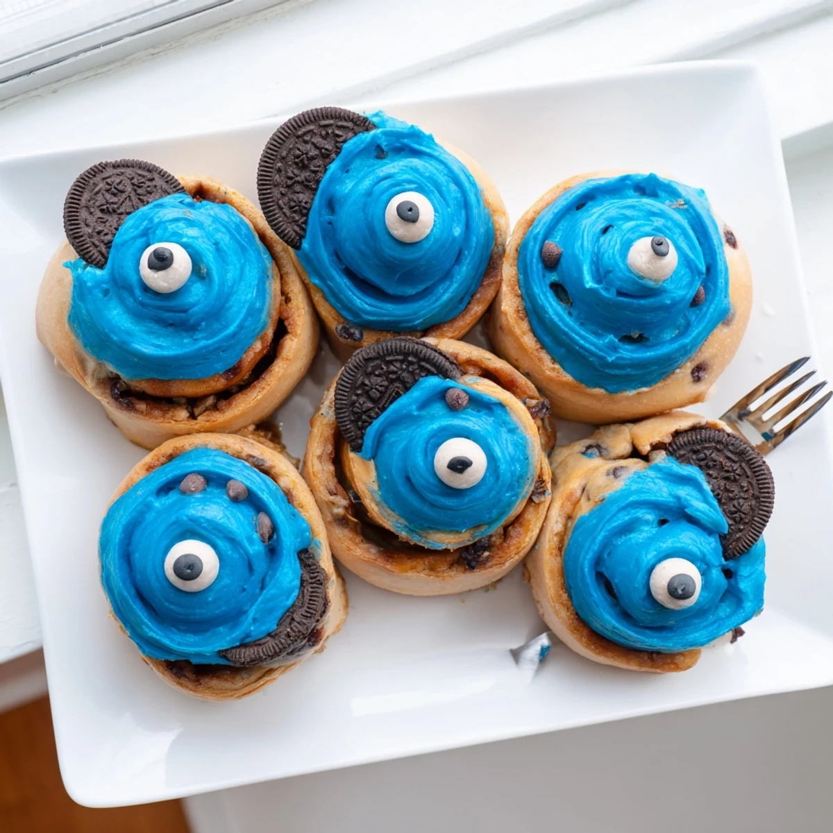 Fluffy blue cinnamon roll topped with creamy white frosting and chocolate chip cookies.