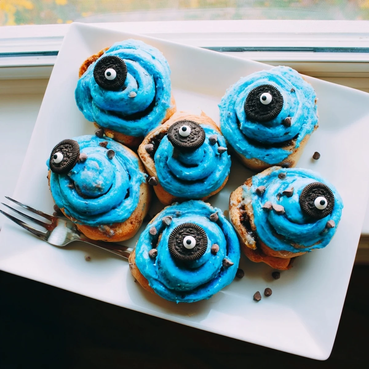 Golden baked cinnamon roll filled with chocolate chips and playful cookie decorations.