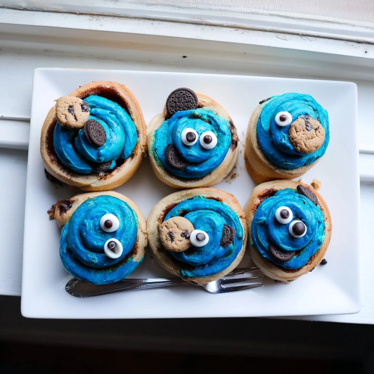 Vibrant Cookie Monster cinnamon rolls drizzled with blue icing and candy eyes.