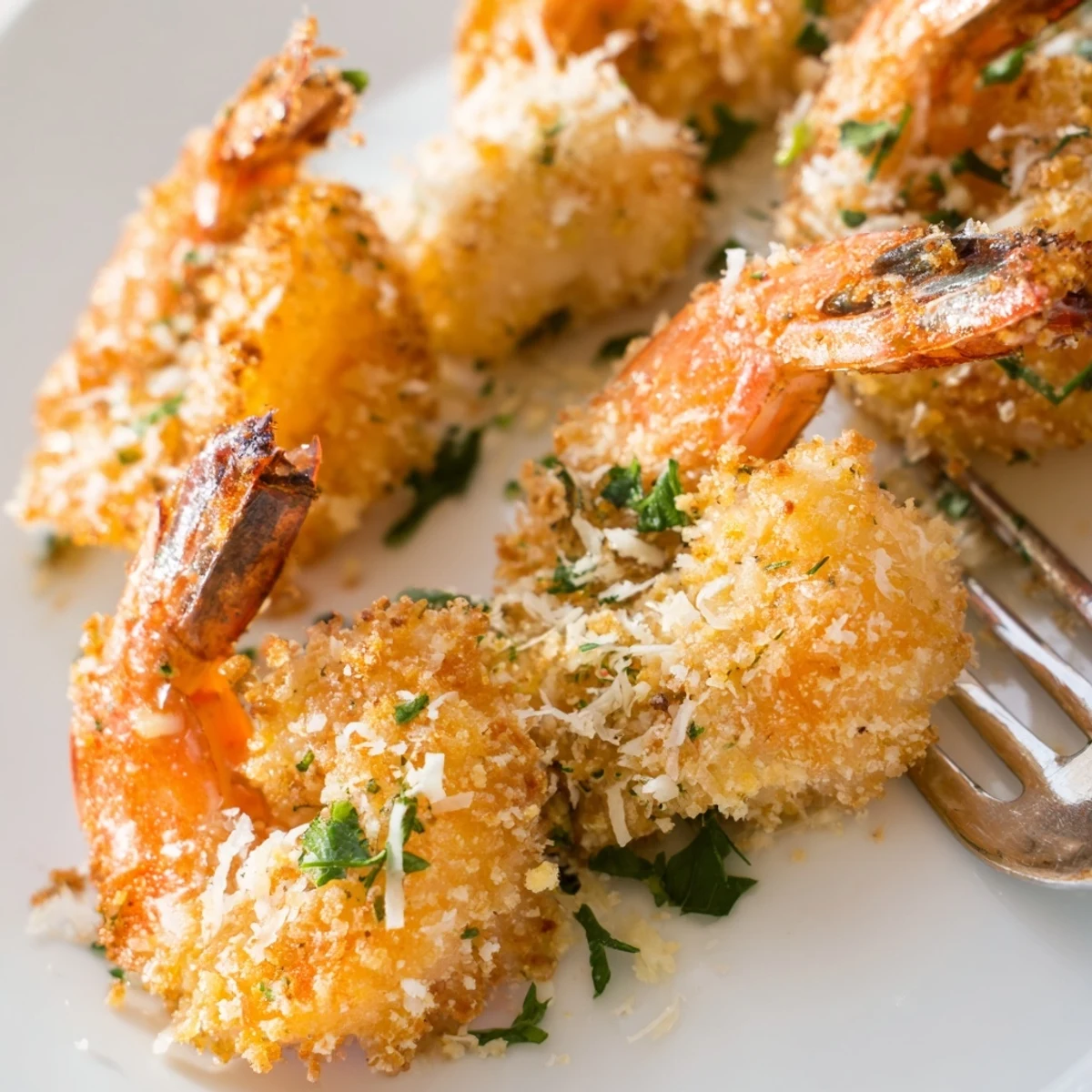 Golden Air Fryer Garlic Parmesan Shrimp garnished with fresh parsley and lemon wedges on a white plate