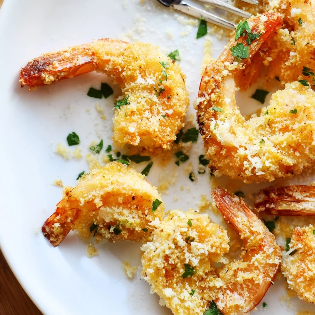 Easy Air Fryer Garlic Parmesan Shrimp served as an appetizer with zesty lemon and green parsley garnish