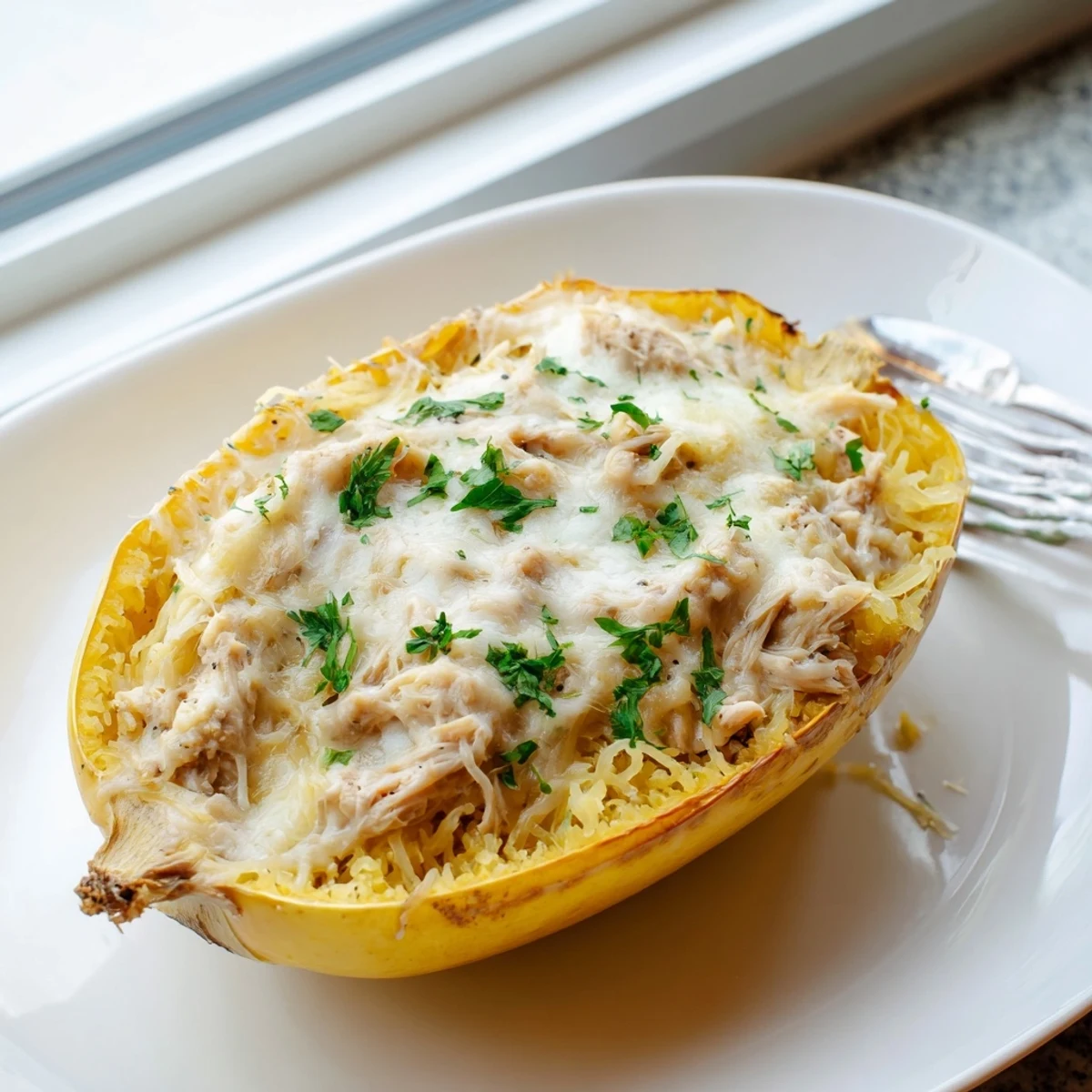 Roasted spaghetti squash boats filled with creamy chicken Alfredo sauce and golden melted cheese topping