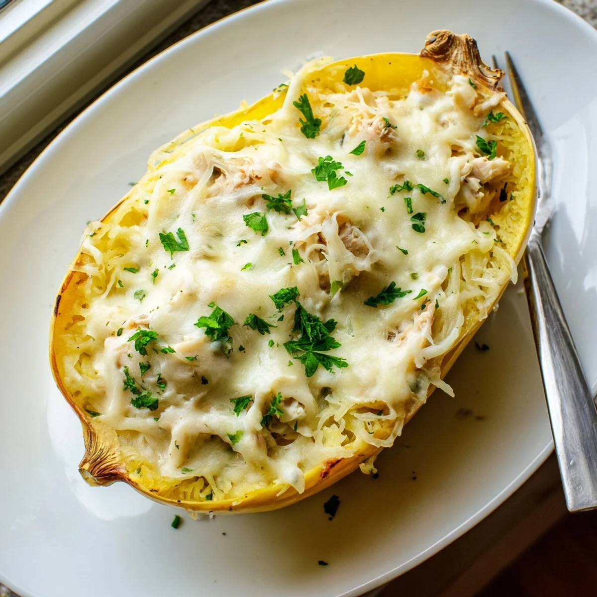 Golden chicken Alfredo spaghetti squash boats fresh from the oven with bubbling mozzarella and parsley garnish