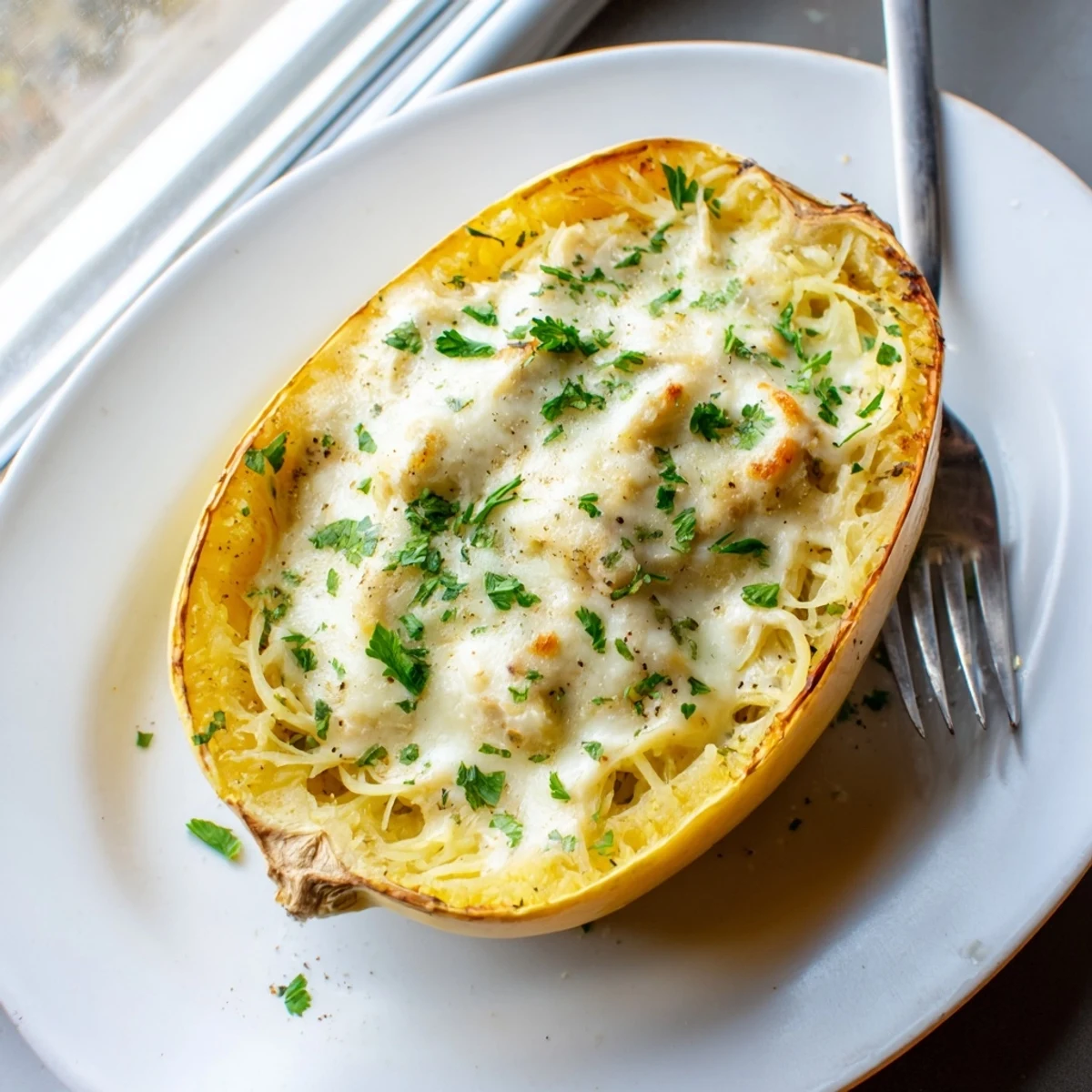 Tender spaghetti squash halves stuffed with savory chicken and rich Parmesan cream sauce under melted cheese