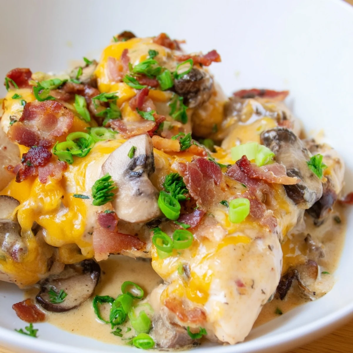Golden Mississippi Mud Chicken bubbling with melted cheddar and crispy bacon in creamy sauce