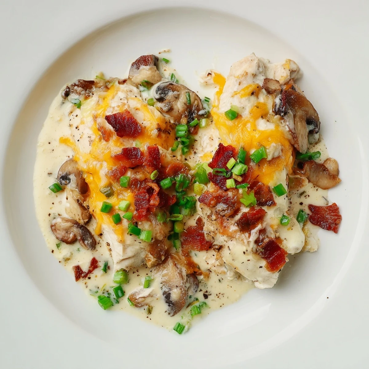 Savory Mississippi Mud Chicken topped with gooey mozzarella and fresh green onions in ovenproof skillet