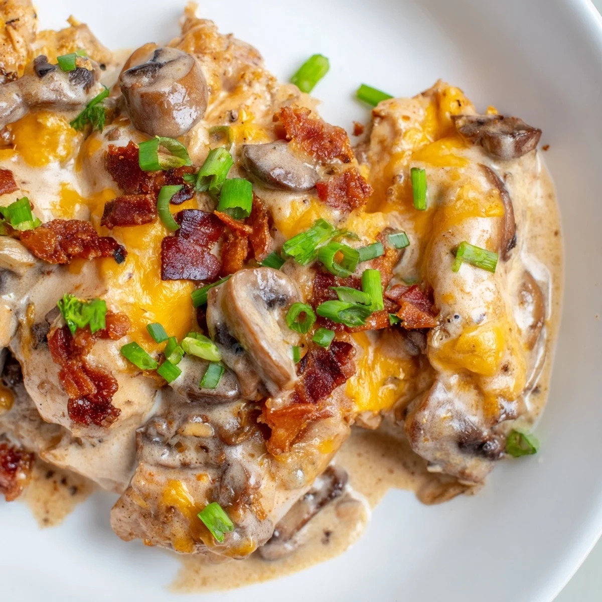 Comforting Mississippi Mud Chicken with mushrooms and rich cream sauce sprinkled with parsley and bacon