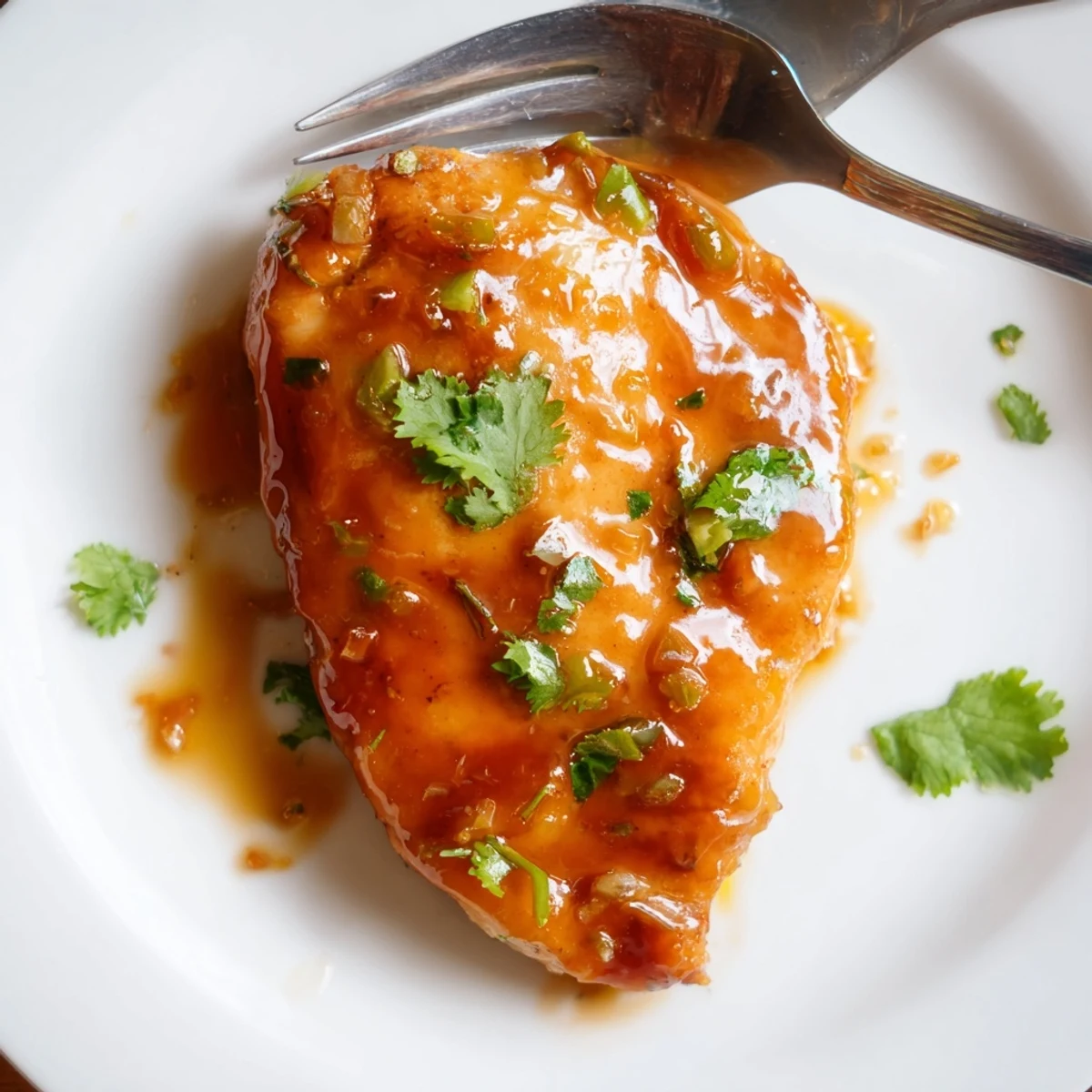 Tender baked chicken pieces brushed with sweet spicy jalapeño peach glaze on white platter