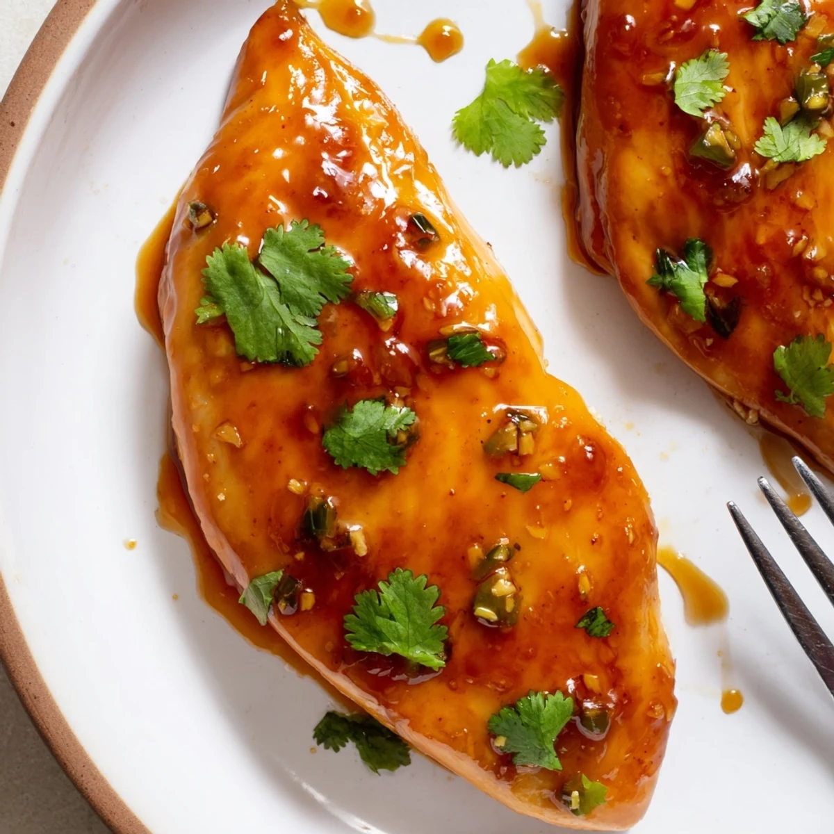 Golden glazed chicken breast coated in shiny jalapeño peach sauce with fresh herb garnish