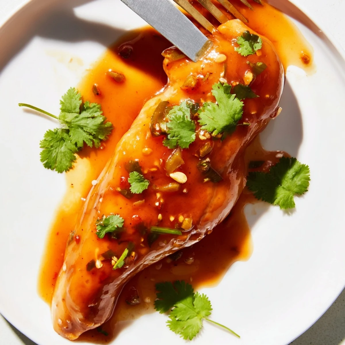 Succulent oven-roasted jalapeño peach glazed chicken dripping with fruity sauce and topped with cilantro