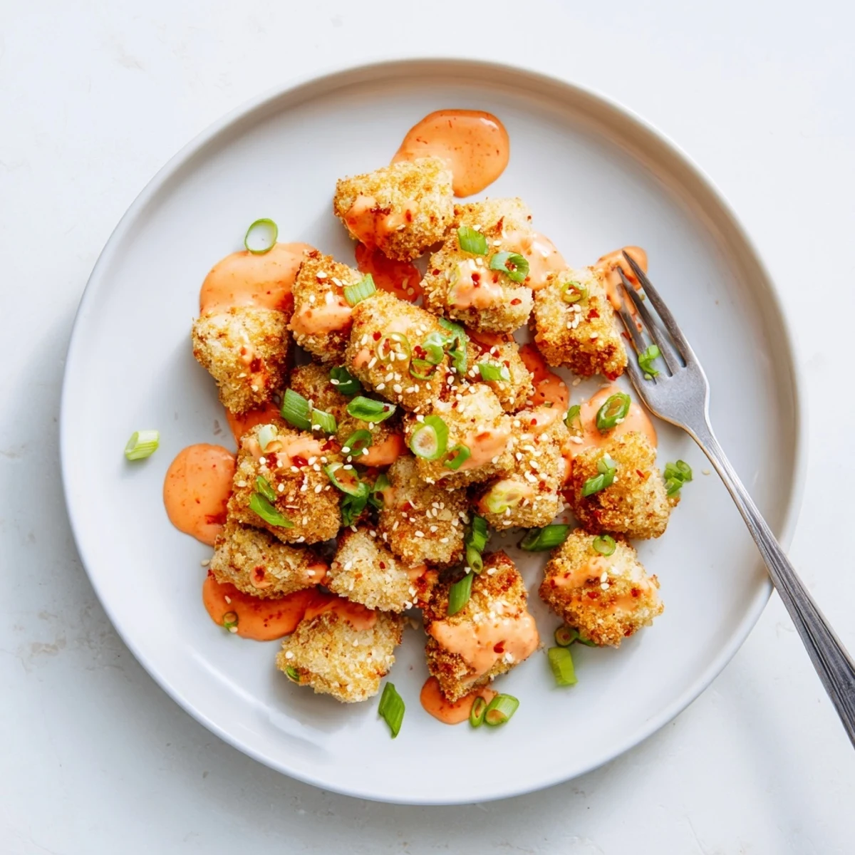 Golden low carb Bang Bang Chicken bites coated in creamy spicy red sauce with scallions