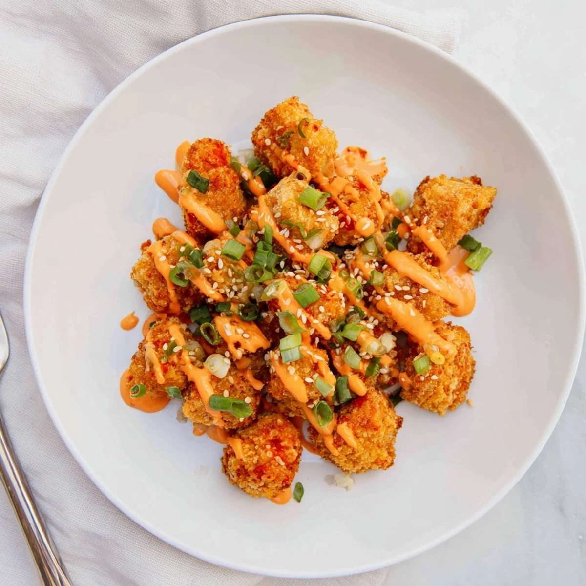 Crispy almond crusted Bang Bang Chicken drizzled with tangy sriracha mayonnaise and sesame seeds