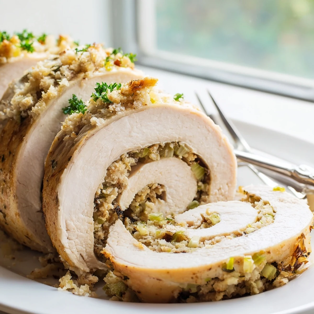 Golden baked turkey roll ups stuffed with savory herb breadcrumbs on a white serving platter