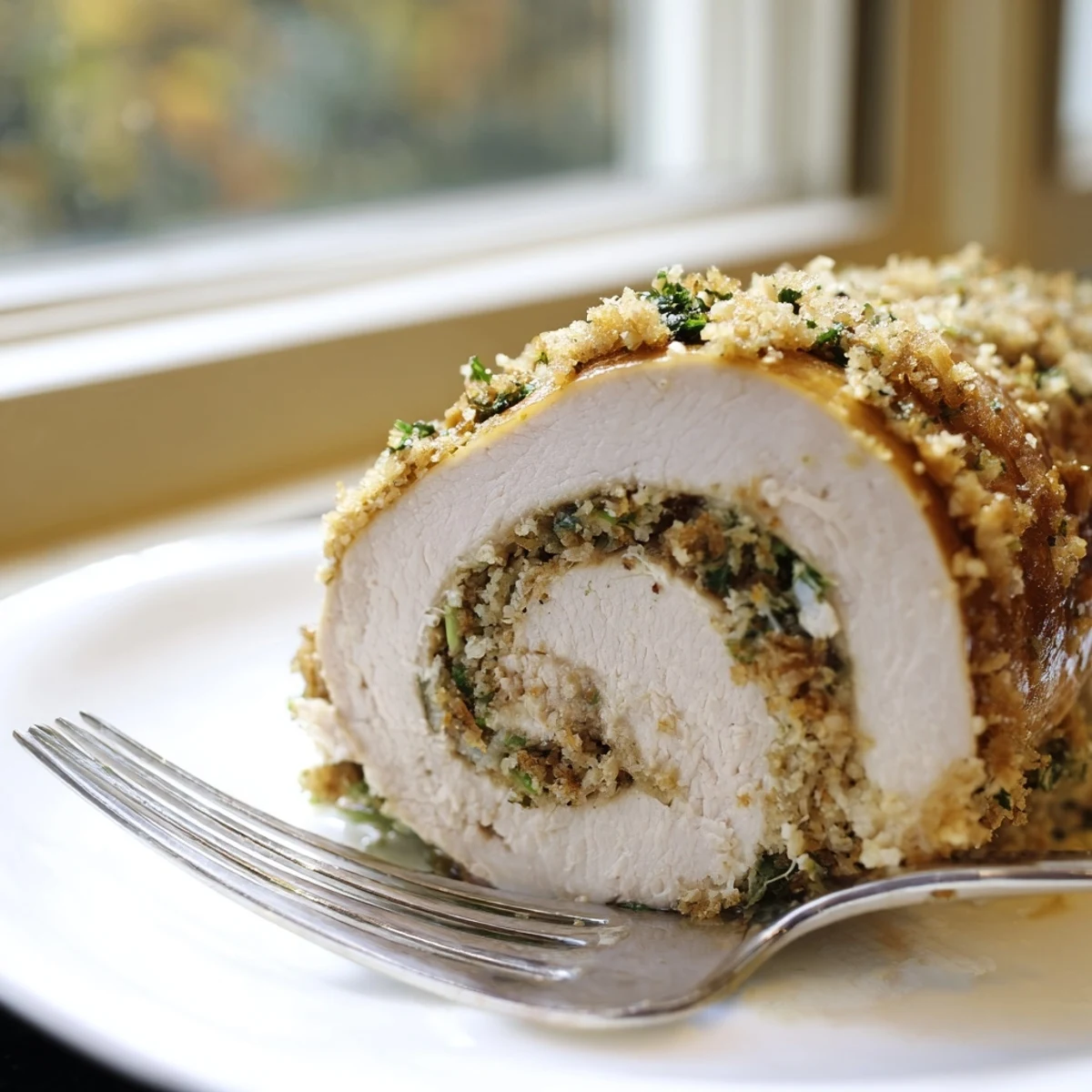 Flavor-packed turkey roll ups sliced crosswise to reveal the delicious breadcrumb filling inside