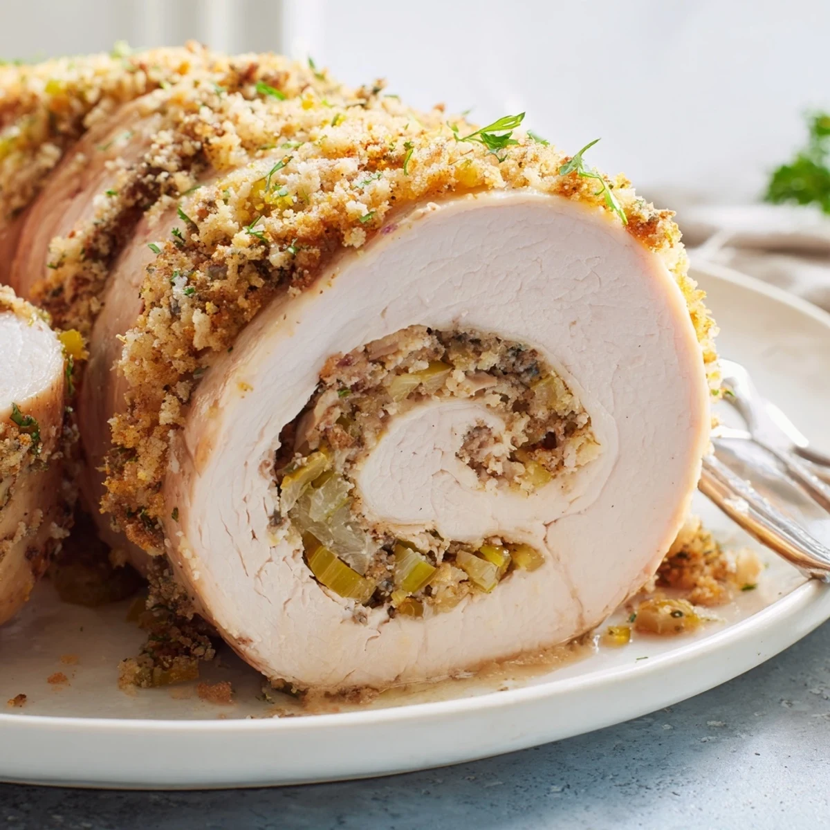 Tender turkey cutlets wrapped around celery and sage stuffing served with cranberry sauce garnish