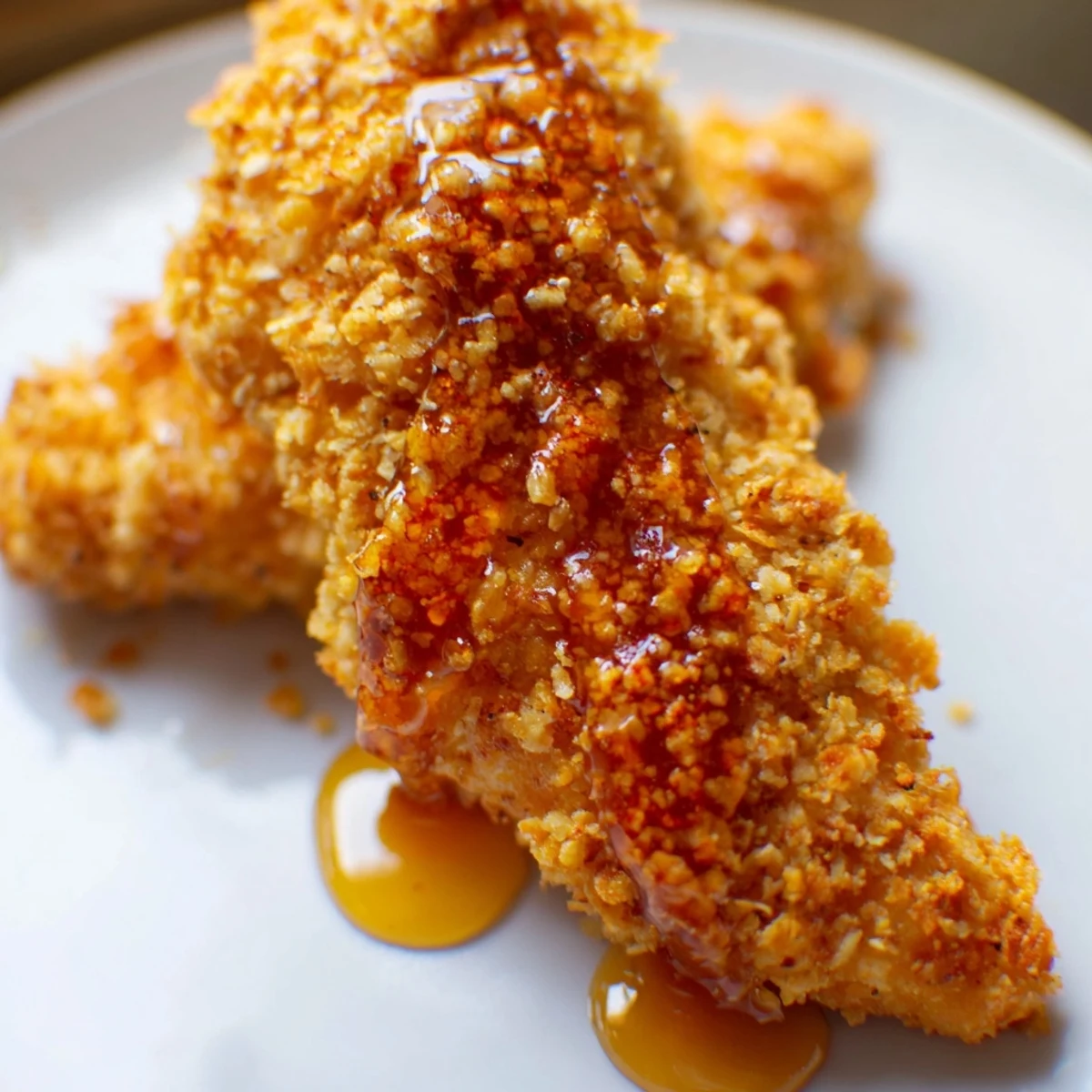 Golden baked crunchy hot honey chicken drizzled with spicy sweet honey glaze on white plate
