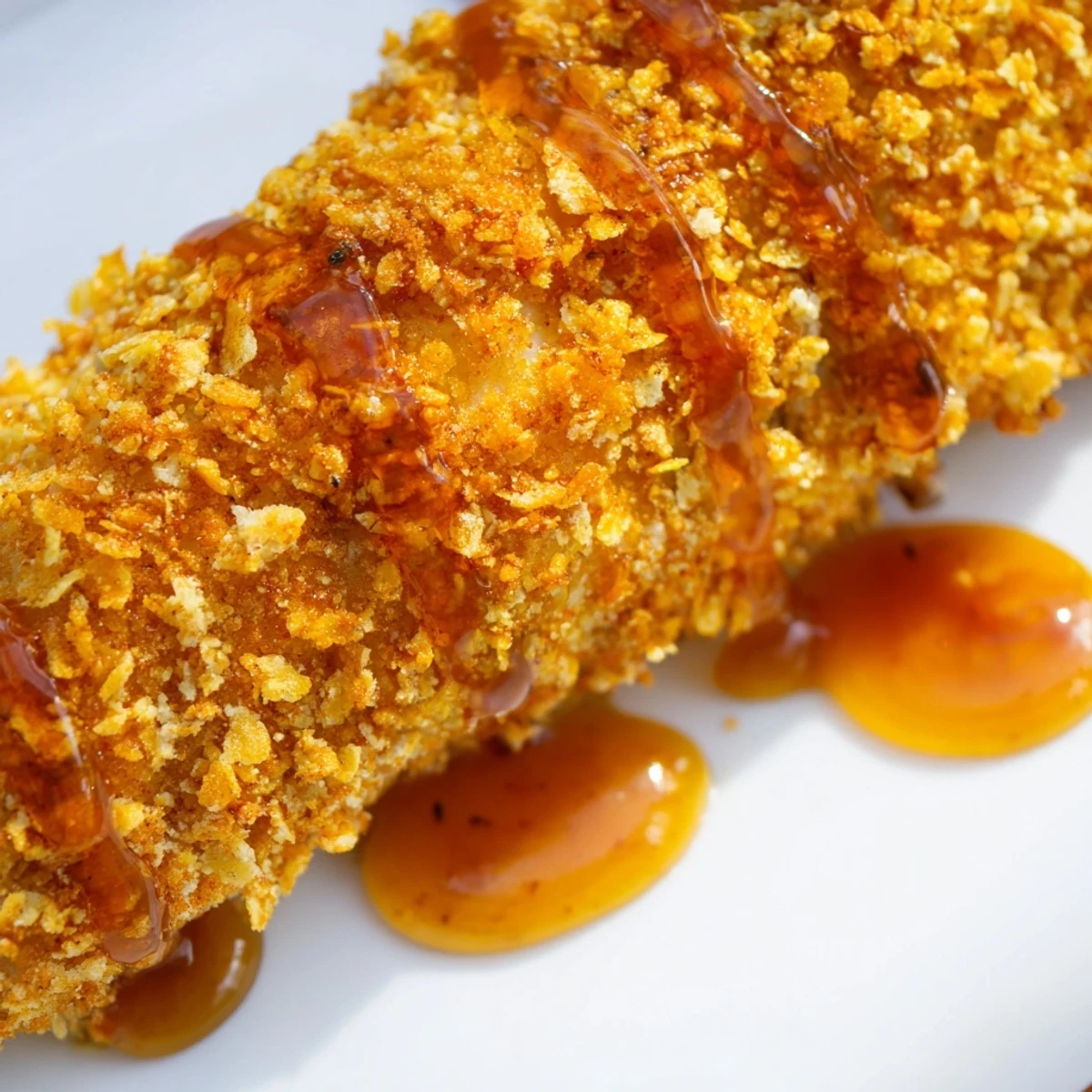 Oven baked hot honey chicken with extra crunchy panko coating finished with sticky spicy honey glaze