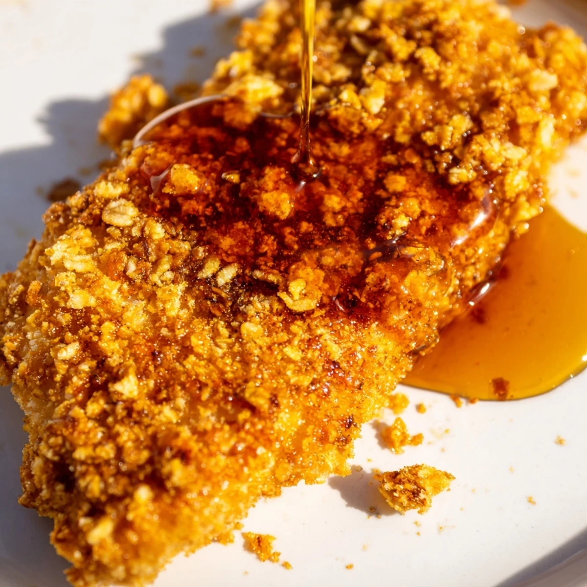 Crispy cornflake crusted hot honey chicken breasts glistening with warm red pepper honey sauce