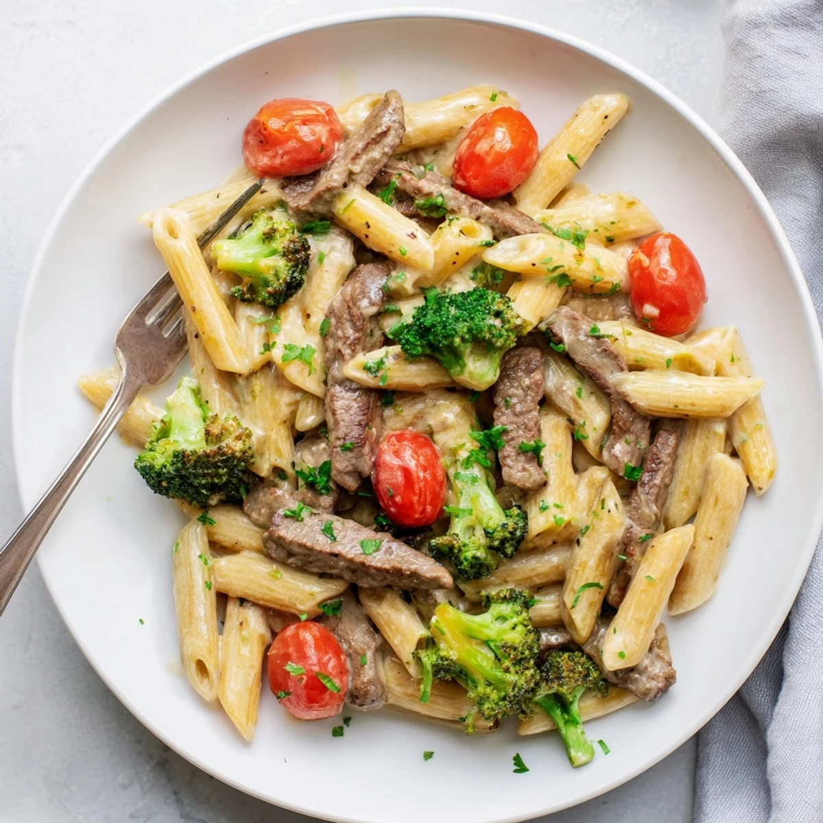 Creamy garlic steak penne with tender beef strips, broccoli florets, and burst cherry tomatoes in a rich parmesan sauce