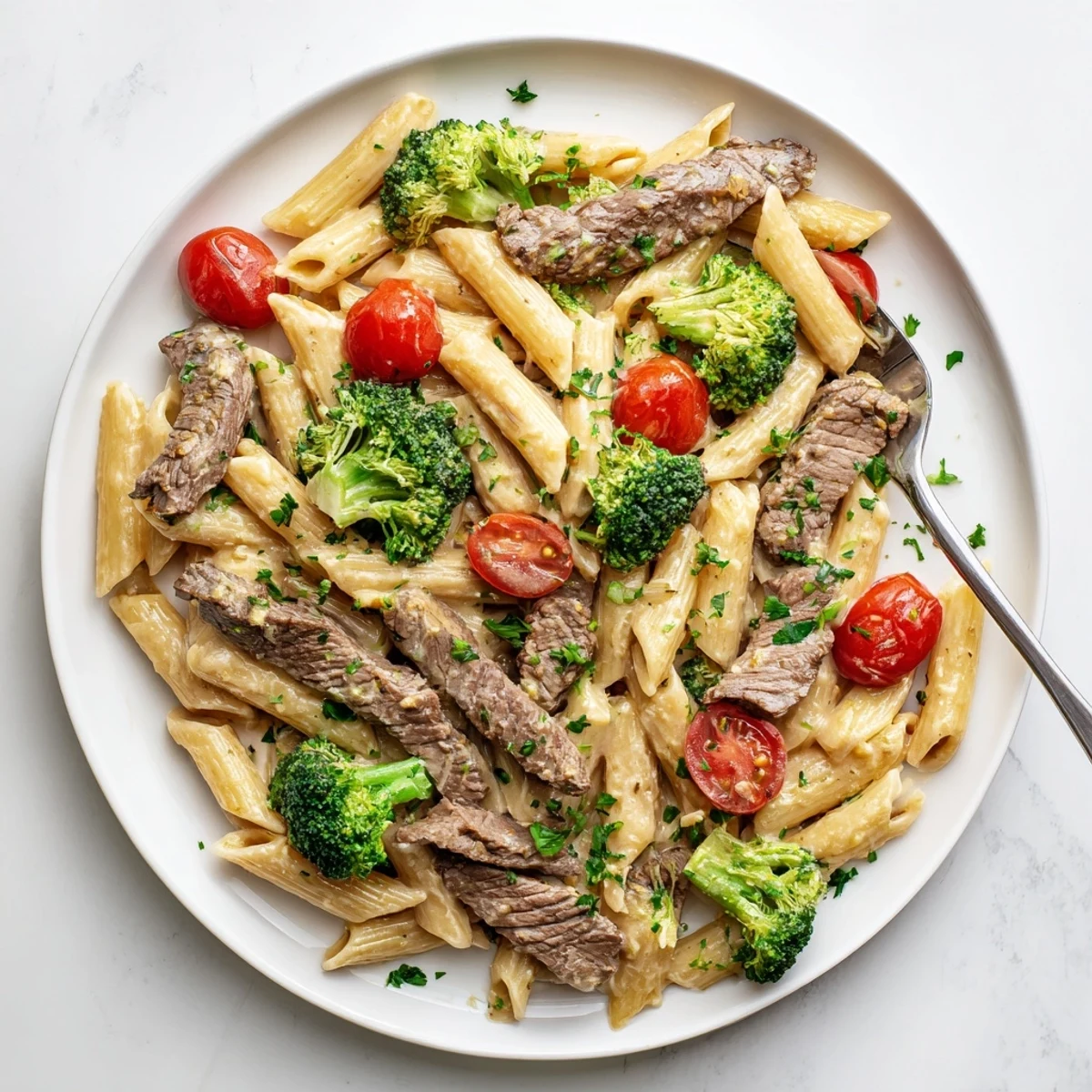 Savory creamy garlic steak penne plated with al dente pasta, seared beef, and colorful vegetables garnished with fresh parsley