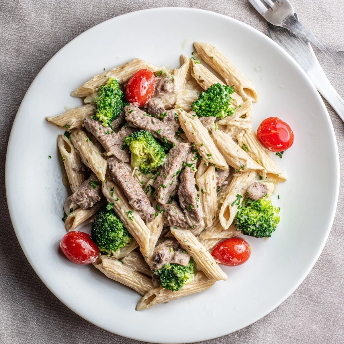 Italian-American creamy garlic steak penne featuring juicy steak, bright broccoli, and tomatoes coated in a velvety white sauce