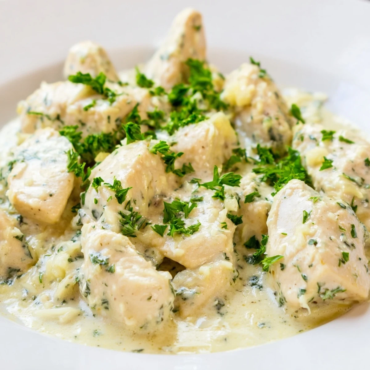 Tender slow-cooked chicken draped in thick white sauce with melted Parmesan and minced garlic flavors
